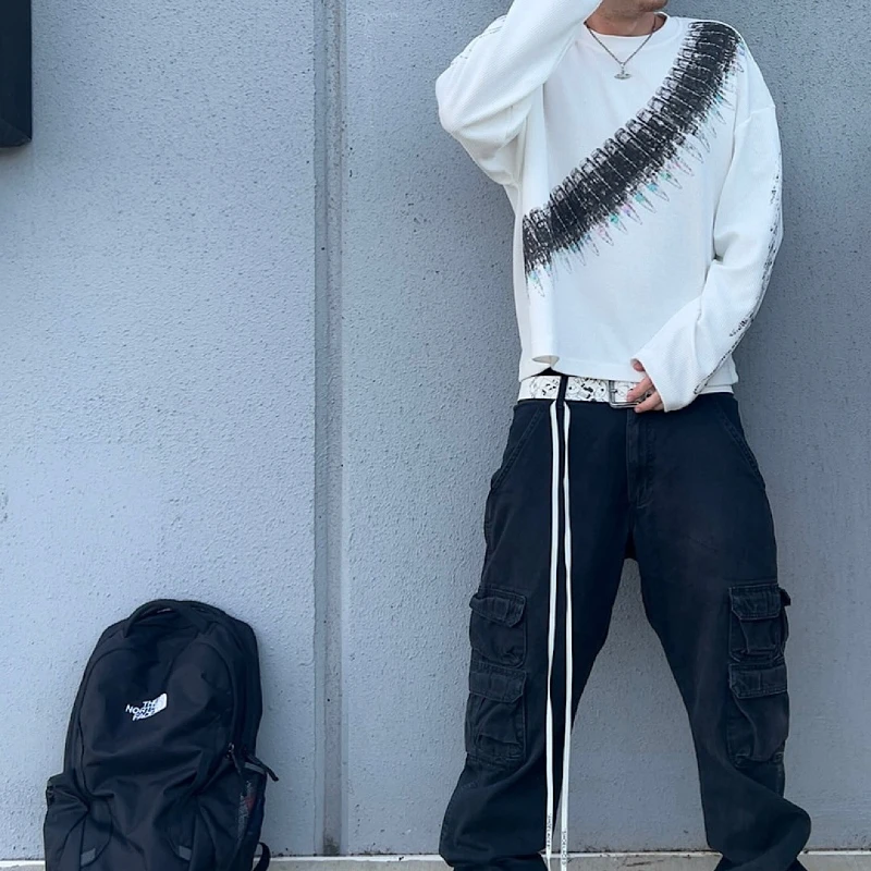 2025 جديد y2k رصاصة رسالة مطبوعة الأمريكية الرجعية كم طويل تي شيرت الشارع نمط عادية فضفاض الرجال والنساء #6