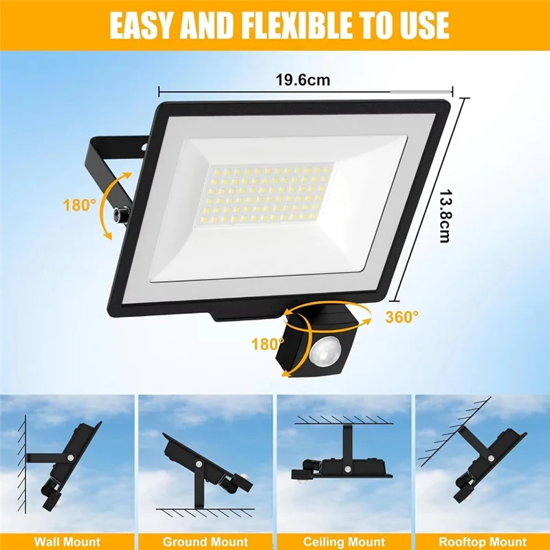 

AB66-Security Lights Outdoor 20W Светодиодный прожектор с датчиком движения IP66 Водонепроницаемый прожектор для гаража, сада, патио США