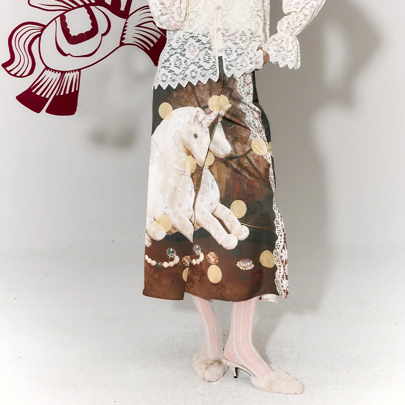 ELFSACK Boho Horse Print Skirt for Women, Mid-Length A-Line with Lace Detail & Side Slit, Spring Summer Flowy Skirt