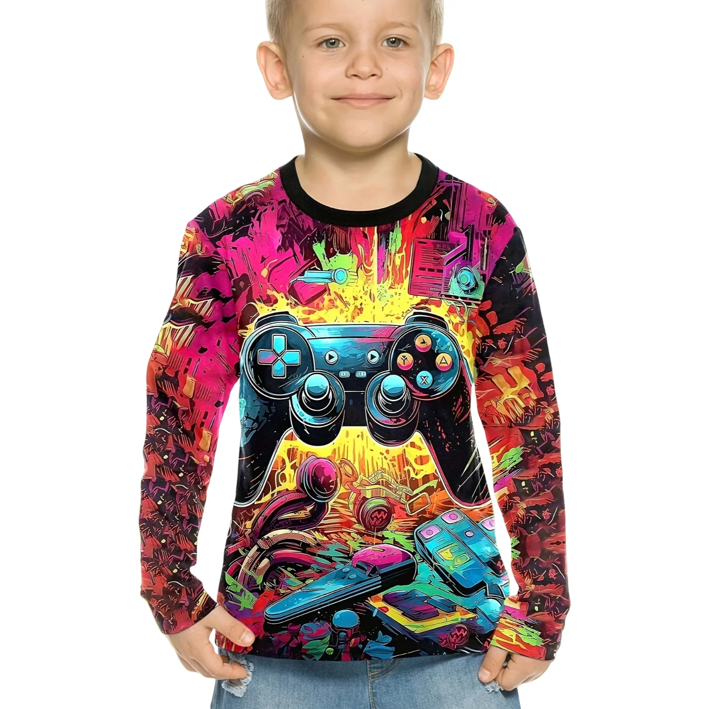 ملابس الأطفال 2025 ملابس أطفال للأولاد تي شيرت بأكمام طويلة للأطفال ملابس علوية مطبوعة برسومات لوحة ألعاب ملابس صيفية أنيقة للأطفال