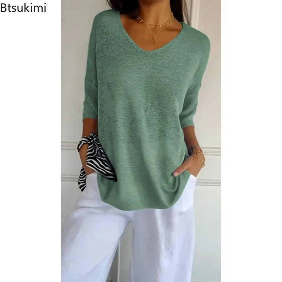 2024 Women\'s Casual Thin Knitted Sweater Tops Loose V Neck Simple Tops Pullover Solid Half Sleeve Loose Bottoming T-shirts Tops