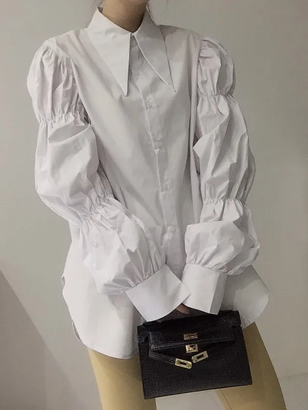 Fashionable Retro Court Style Shirt Women's Spring Autumn Winter Bubble Sleeve Sharp Collar Drawstring Feel Inner Wear Casual