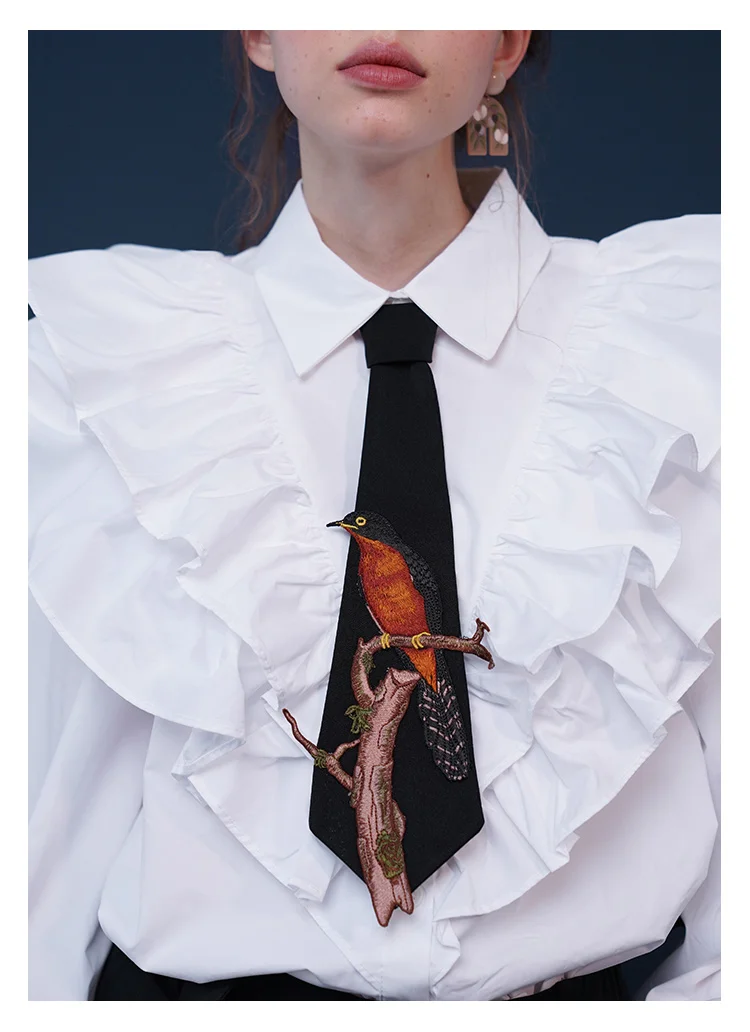 Original Design Novetly Tie Women Vintage Fashion Whimsical Playful Bird On Branch Embroidered Neck Tie