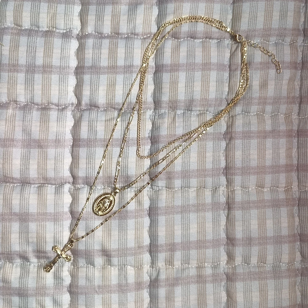 Three layer Necklace Oval-shaped Virgin Mary Madonna Pendant Jesus Cross  metal plated Chain Women Gift