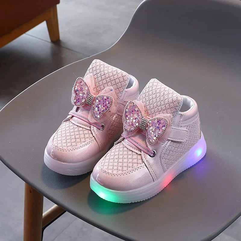 Children LED Shoes Fashion Bow Luminesce Girls Sneakers 2024 Autumn New Glowing Princess Kids Casual Shoes Breathable Board Shoe