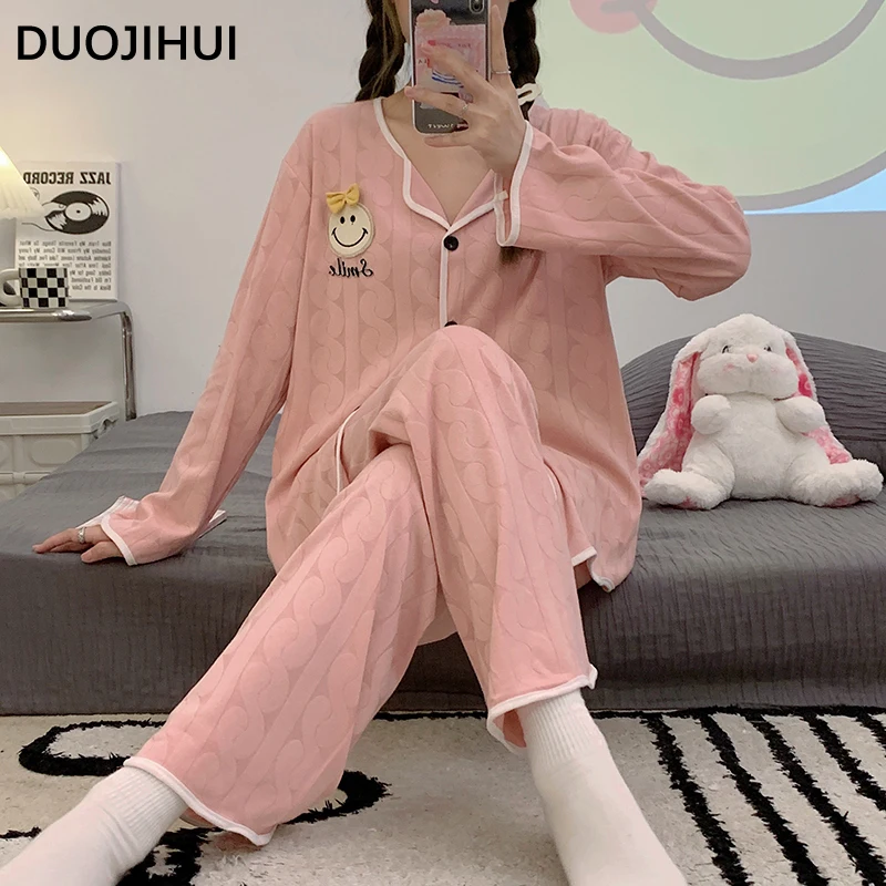 

DUOJIHUI Pink Chic Button Cardigan Loose Pant Female Pajamas Set New Fashion Printing Loose Casual Solid Color Pajamas for Women