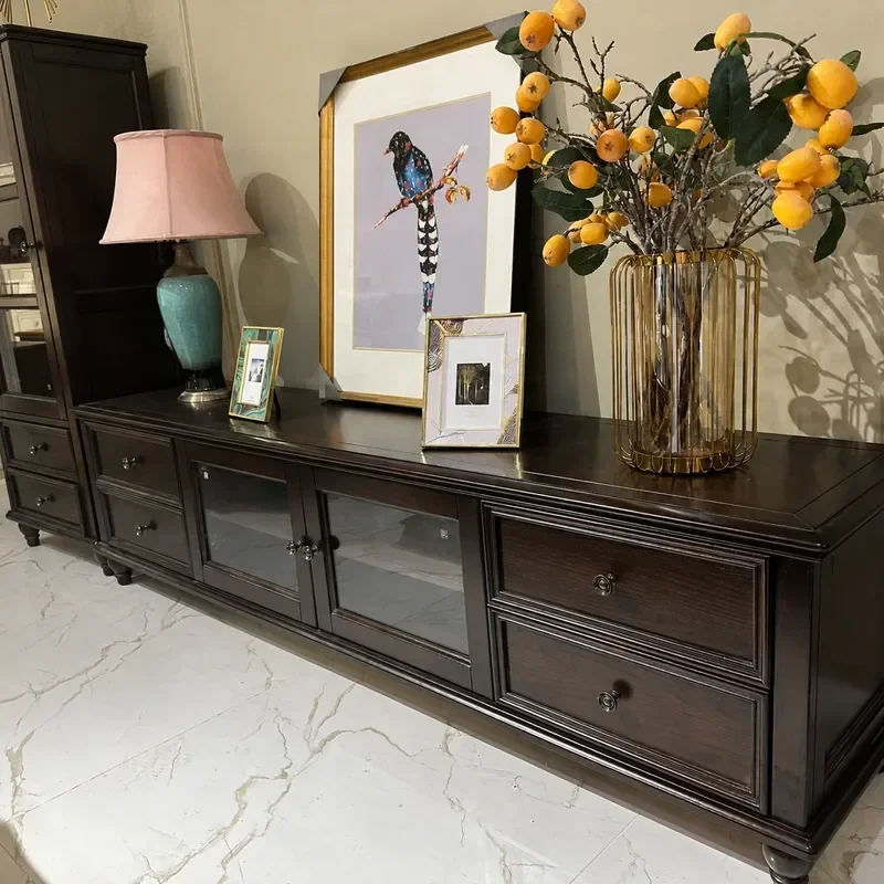 American Country Style White Wax Wood TV Cabinet and Coffee Table Combination Solid Wood Black Walnut Finish Living Room