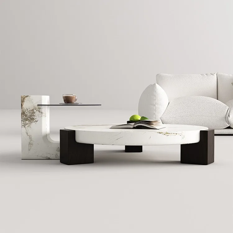 Modern Faux Marble Round Coffee Table Set with Smoked Glass Side Table Nested Accent Center Table for Living Room