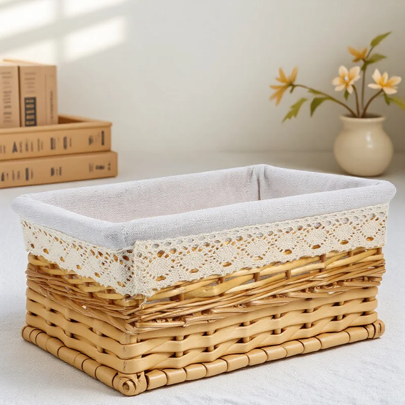 

Multipurpose Rectangular Wicker Basket Size S Hand-Woven Storage Organizer Laundry Makeup Removable Washable White Liner