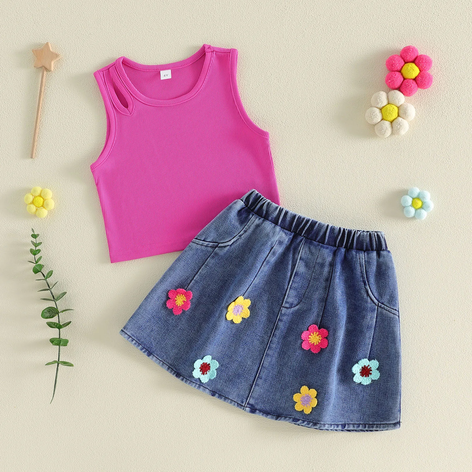 4-7Y Girls Summer Outfits Sleeveless Keyhole Tank Tops Denim Skirt Set Fashion Kid Clothes Set
