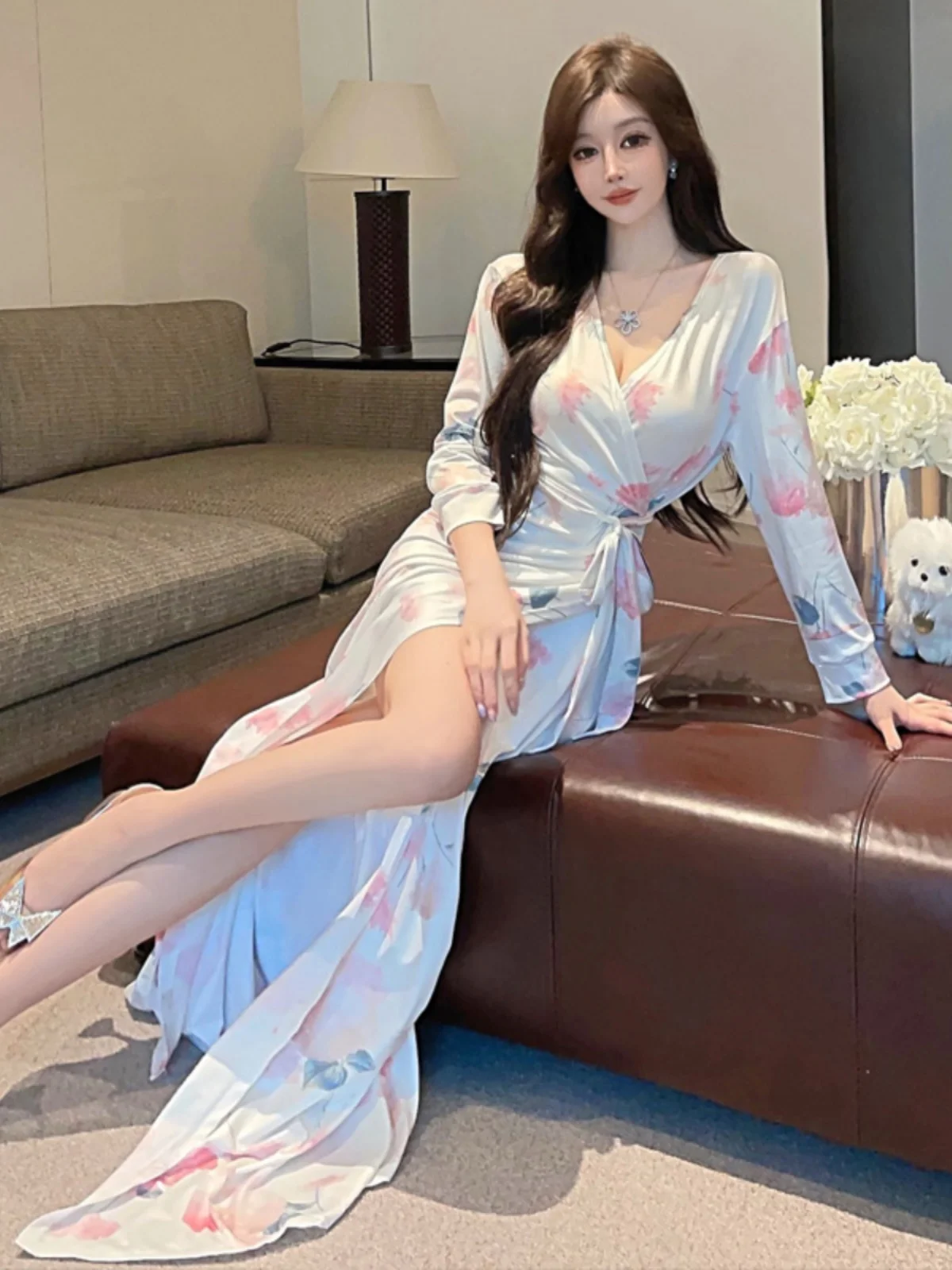 

Модный корейский Sle Lady Dr с перекрестным V-Ne to ow, длинная юбка с большой грудью и принтом, с открытым разрезом и поясом, модный