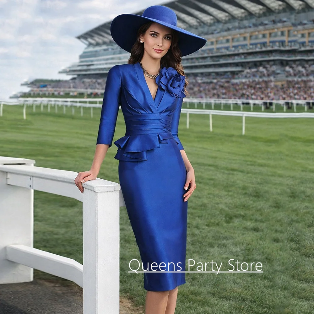 

Short Mother of The Bride Dress Customized V Neck 3/4 Sleeves Pleat Knee Length Royal Blue Wedding Guest Gown Party Dresses