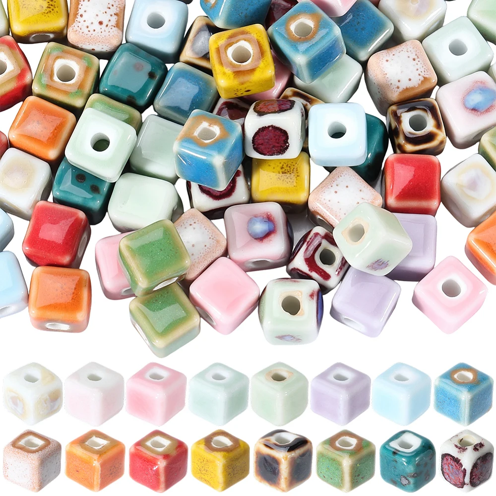 1 Box 96Pcs 16 Colors Glazed Ceramic Beads Porcelain Cube Beads Bulk Colorful Square Bright Painted Loose Spacers for Jewelry