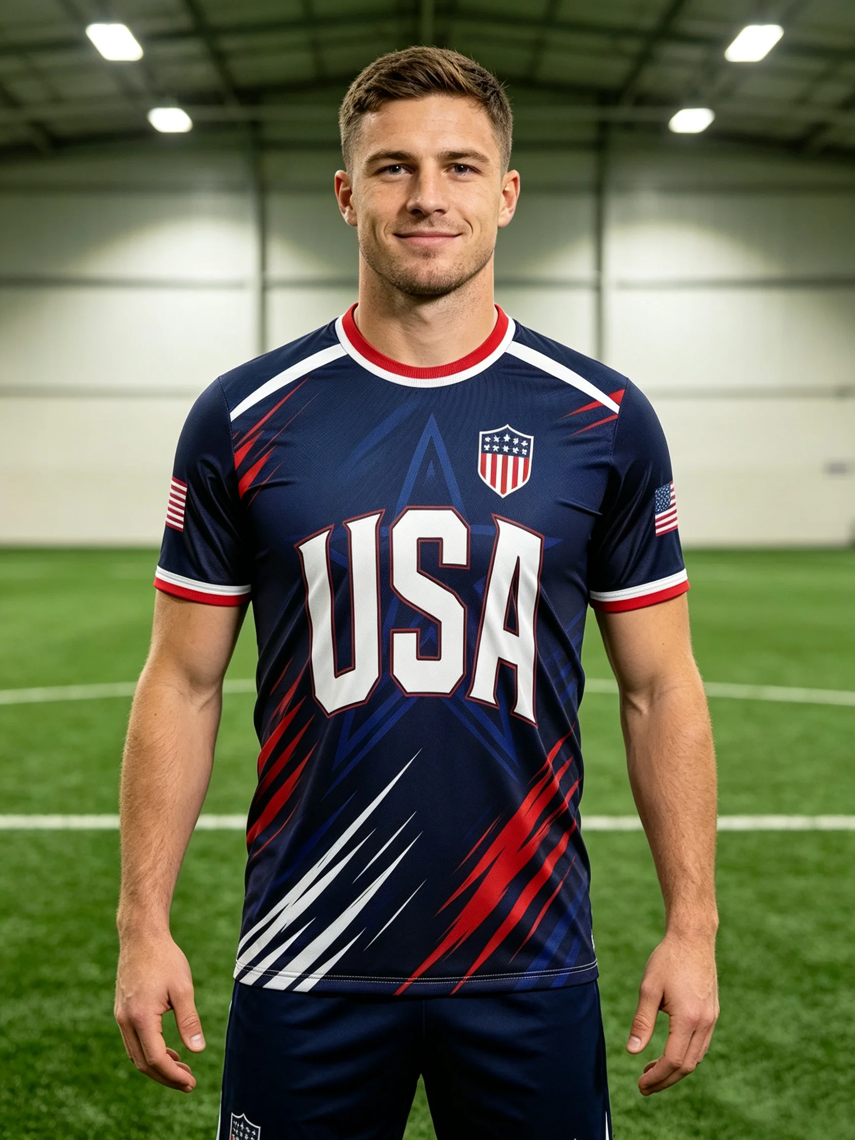 USA themed football jersey,navy base with red‑white scratch stripes,sleeve flag patch,moisture‑wicking fabric,athletic fit