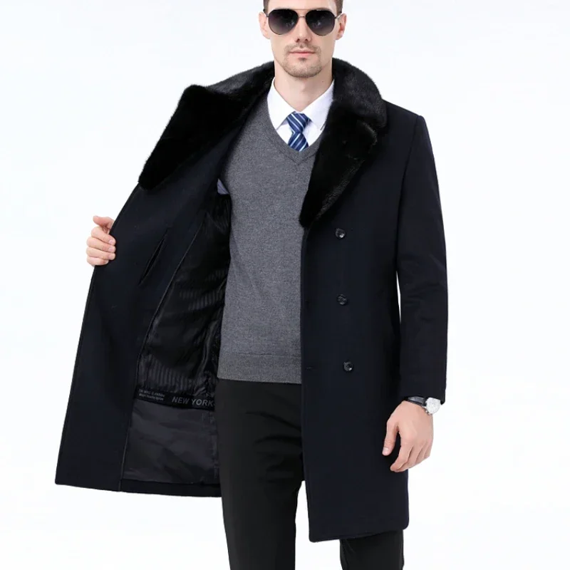 AYUNSUE Warm Cashmere Coats Men Winter Jacket Rex Rabbit Fur Liner Detachable Wool Coat Men Mink Fur Collar Korean Fashion SGG
