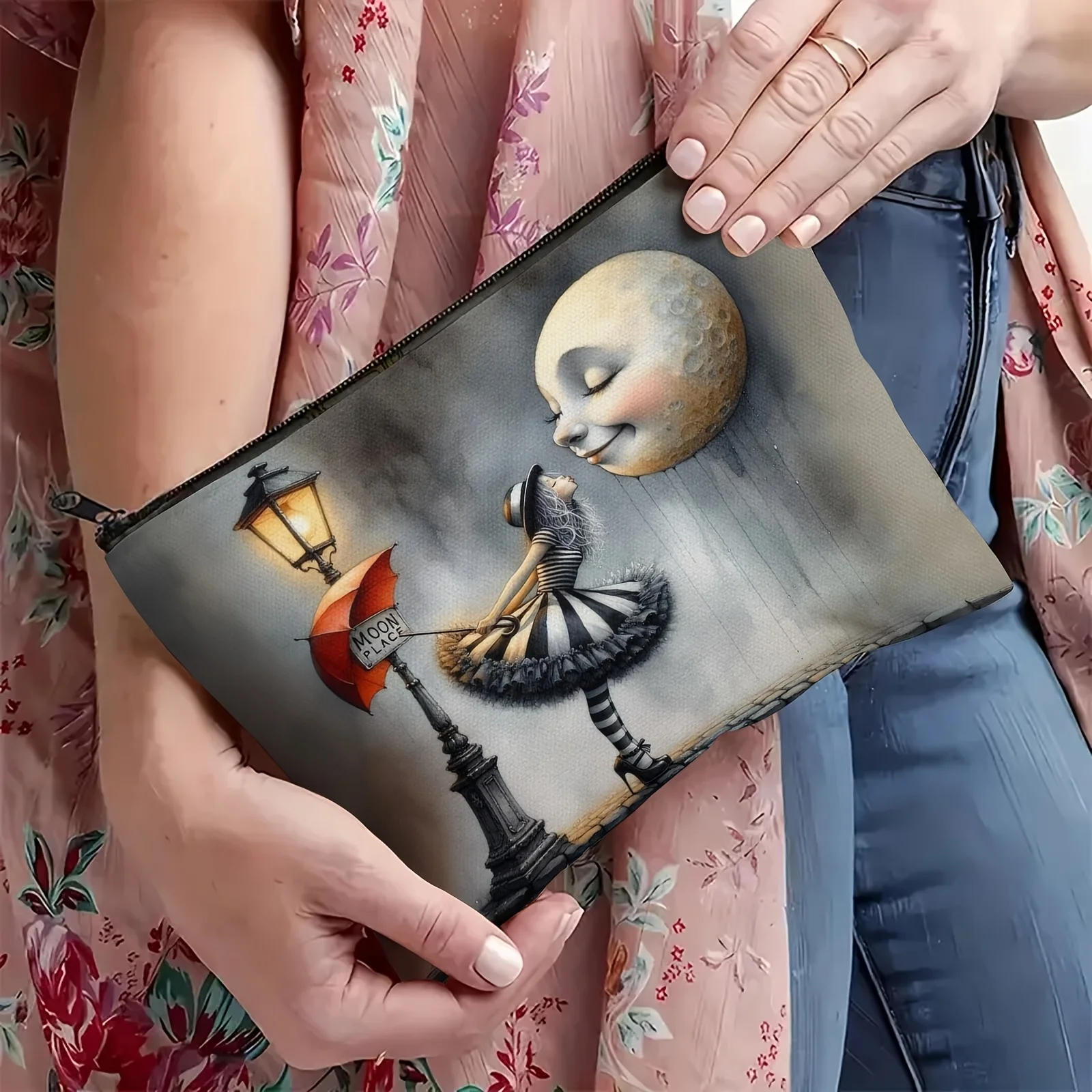 Uma bolsa de maquiagem de lua romântica – Bolsa multifuncional feminina com zíper, bolsa de armazenamento de joias, bolsa de armazenamento pequena com zíper de viagem perfeita