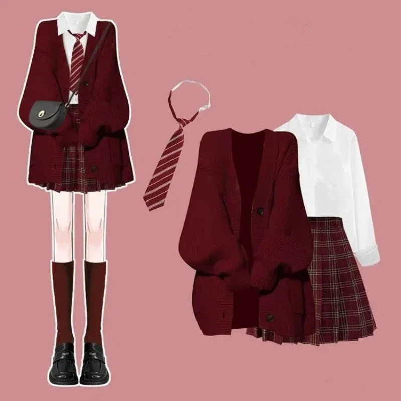 

Осенне-зимний рождественский красный свитер с допамином, женская рубашка, плиссированная юбка, комплект из трех предметов