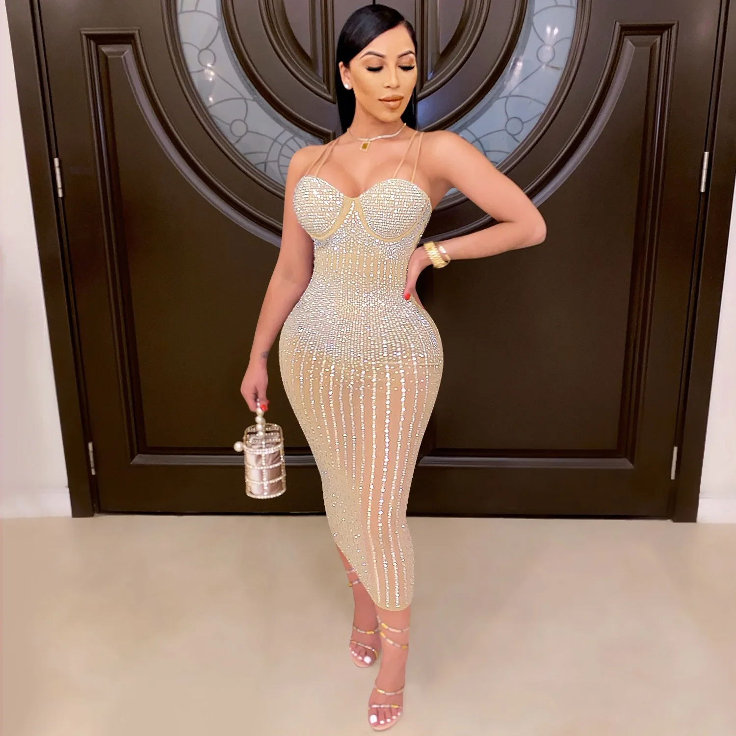 

Sexy party party club nightclub banquet solid color mesh see-through hot rhinestone rhinestone halter dresses