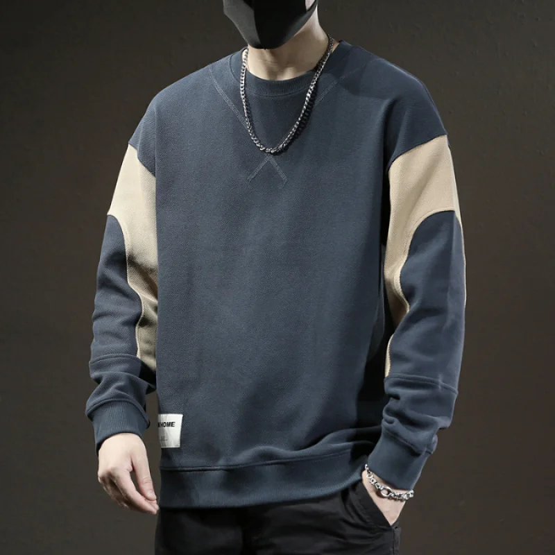 Autumn Winter Stitching Long-Sleeved Sweater for Men 2024 New American Fashion round Neck Loose plus Size Stretch Casual Clothes