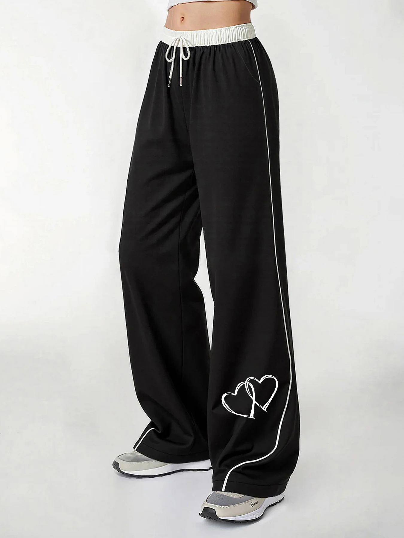 Women's Casual Pants, a Must-Have for Trendy Looks, Romantic Love-Themed Double Heart Line Wide-Leg Pants for Spring and Autumn, with White Side Trim, Loose and Comfortable Women's Long Pants, Perfect for Spring and Autumn Date Outfits, Women's Clothing