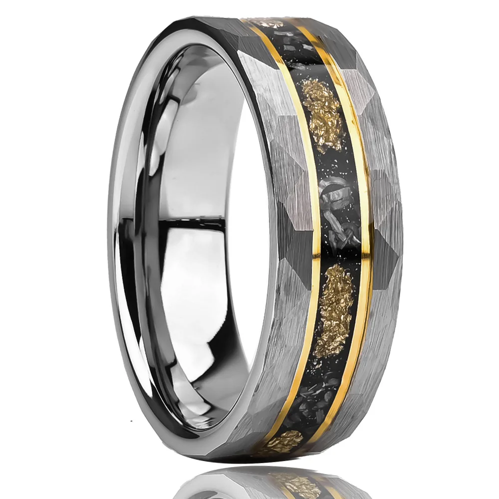 Jewelry 8mm Meteorite Chip Gold Foil Inlay Hammered Tungsten Ring for Men Women Fashion Wedding Band Comfort Fit