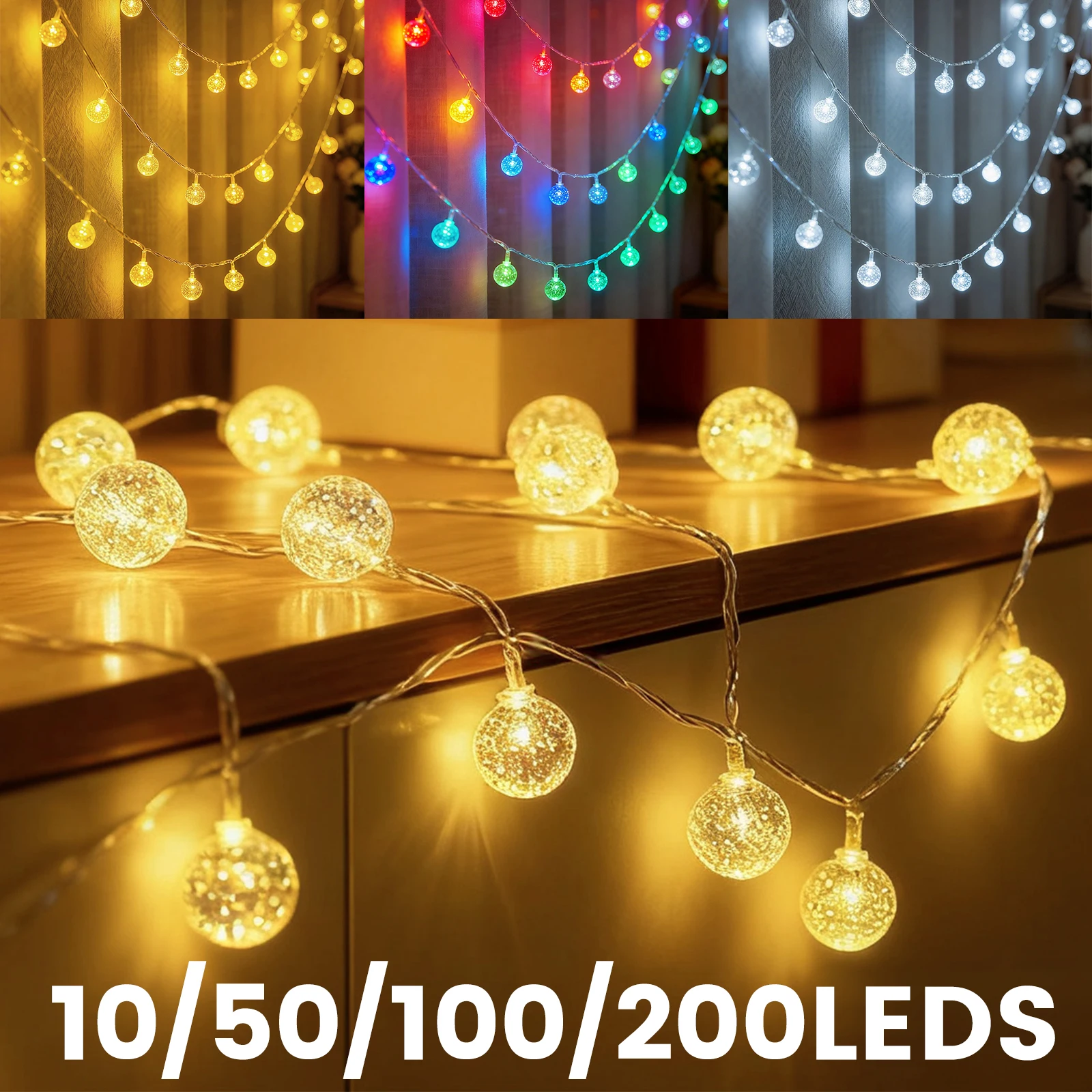 Guirnalda de luces LED con forma de globo de cristal de 3M, 6M, 10M, USB/batería, lámpara de guirnalda IP44, luz de hadas, decoración navideña para vacaciones 2025