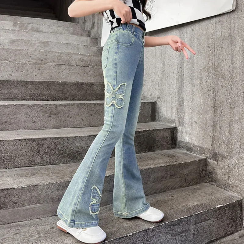 New Fashion Children\'s flared Pants Teen Girls Jeans Vintage Denim Trousers for 5 6 7 8 9 10 11 12 13 14 Years old kids Bottom