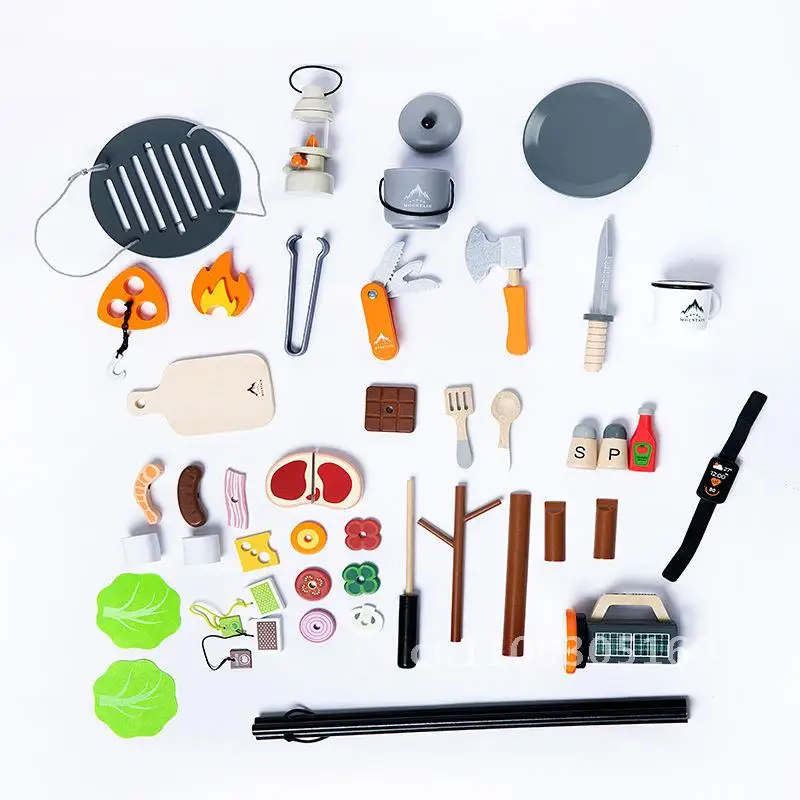 Parrilla de barbacoa de simulación de madera para niños, pícnic al aire libre, juego de acampada, juguete, juego de barbacoa de cocina con diseño a escala 1:1