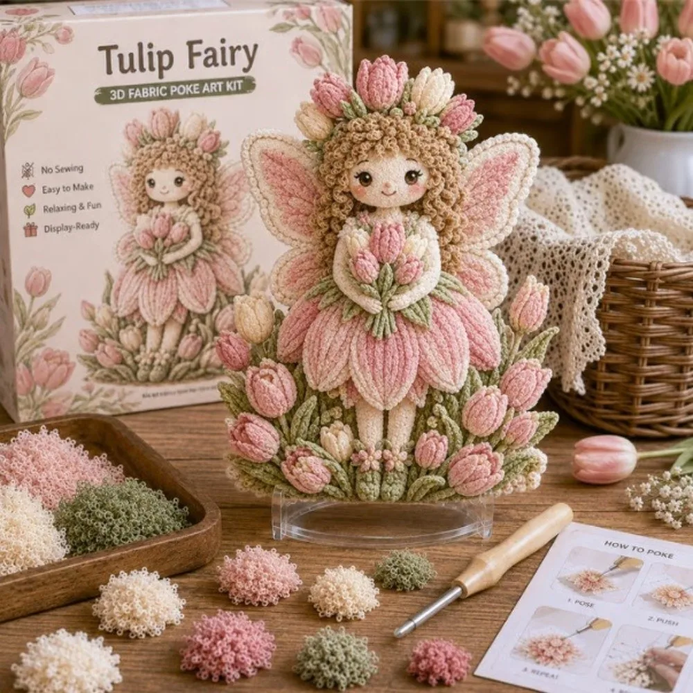 Handmade Flower Fairy Poke Art Kit Stereo Visuals Thick Board Fabric Poke Art Kit No Sew with Display Stand DIY Poke Art