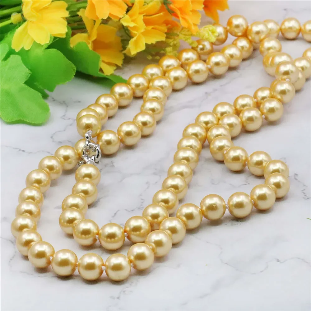 Natural Stone 8 10 12mm gold-color AAA south sea shell pearl necklace 36INCH beads Hand Made jewelry making Wholesale Price