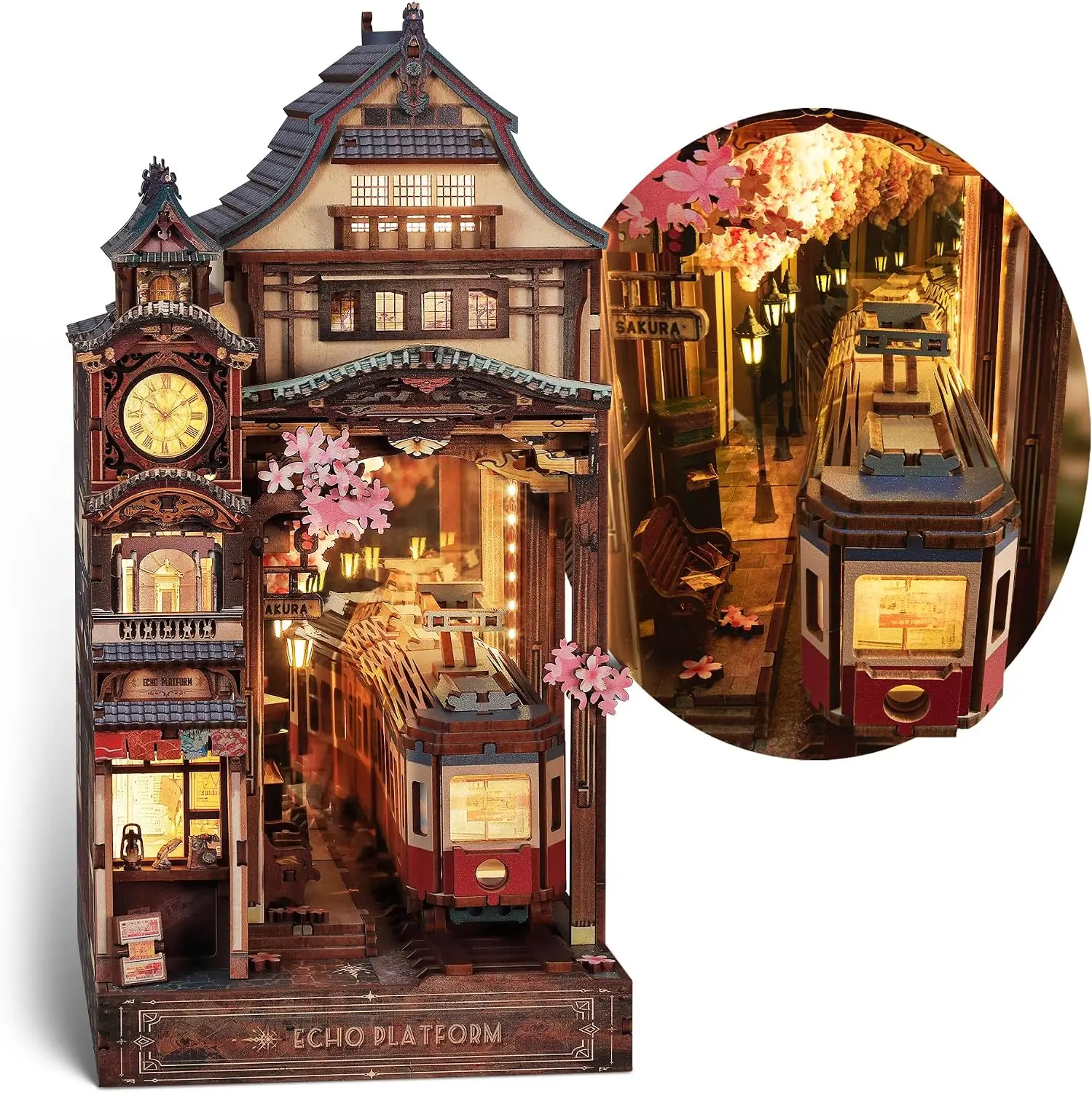 Sakura Train Book Nook Kit – LED 3D Wood Puzzle with Infinity Mirror – DIY Bookshelf Decor, Miniature Craft Gift for Adults