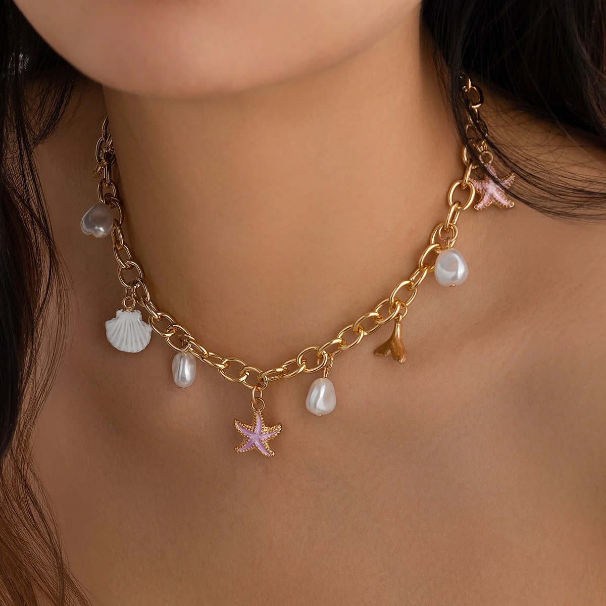 Salircon Fashion Starfish Scallop Pearl Imitation Pearl Choker Necklace for Women Summer Beach Clavicle Chain Necklace Jewelry