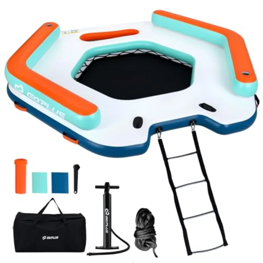 Inflatable Floating Dock for lake, beach, pool PVC material, gray/black, ultra-stable 8.7x8.7FT platform with detachable ladder