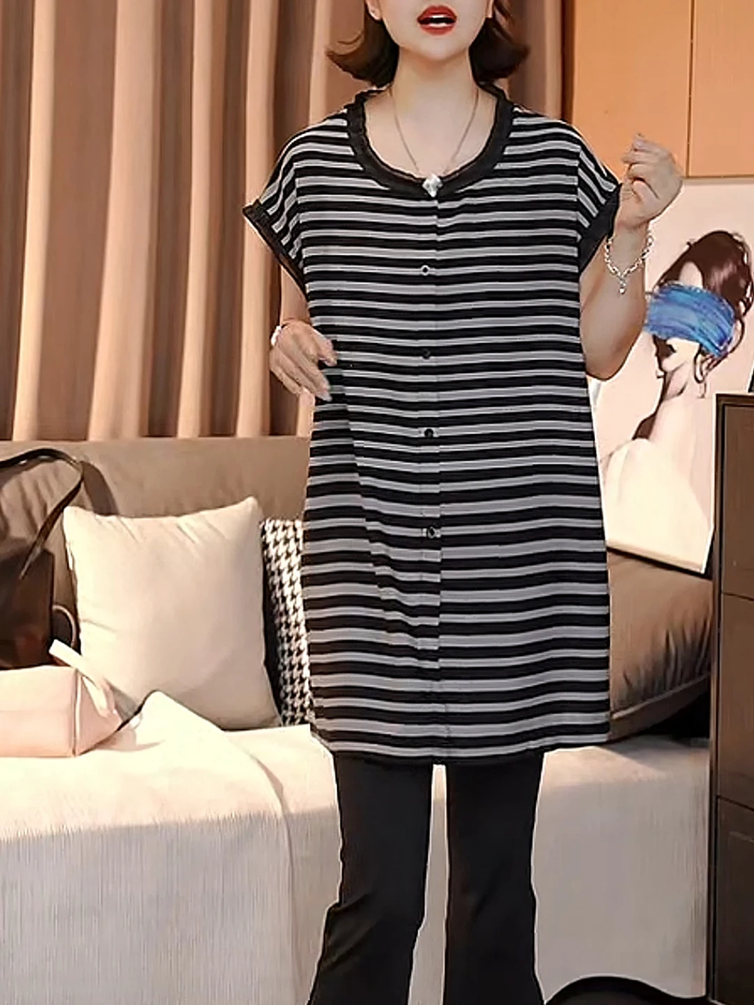 Nouveau haut d'été pour femme, coupe ample, en jersey léger et frais, avec dentelle et rayures, style Dr Speech Sle