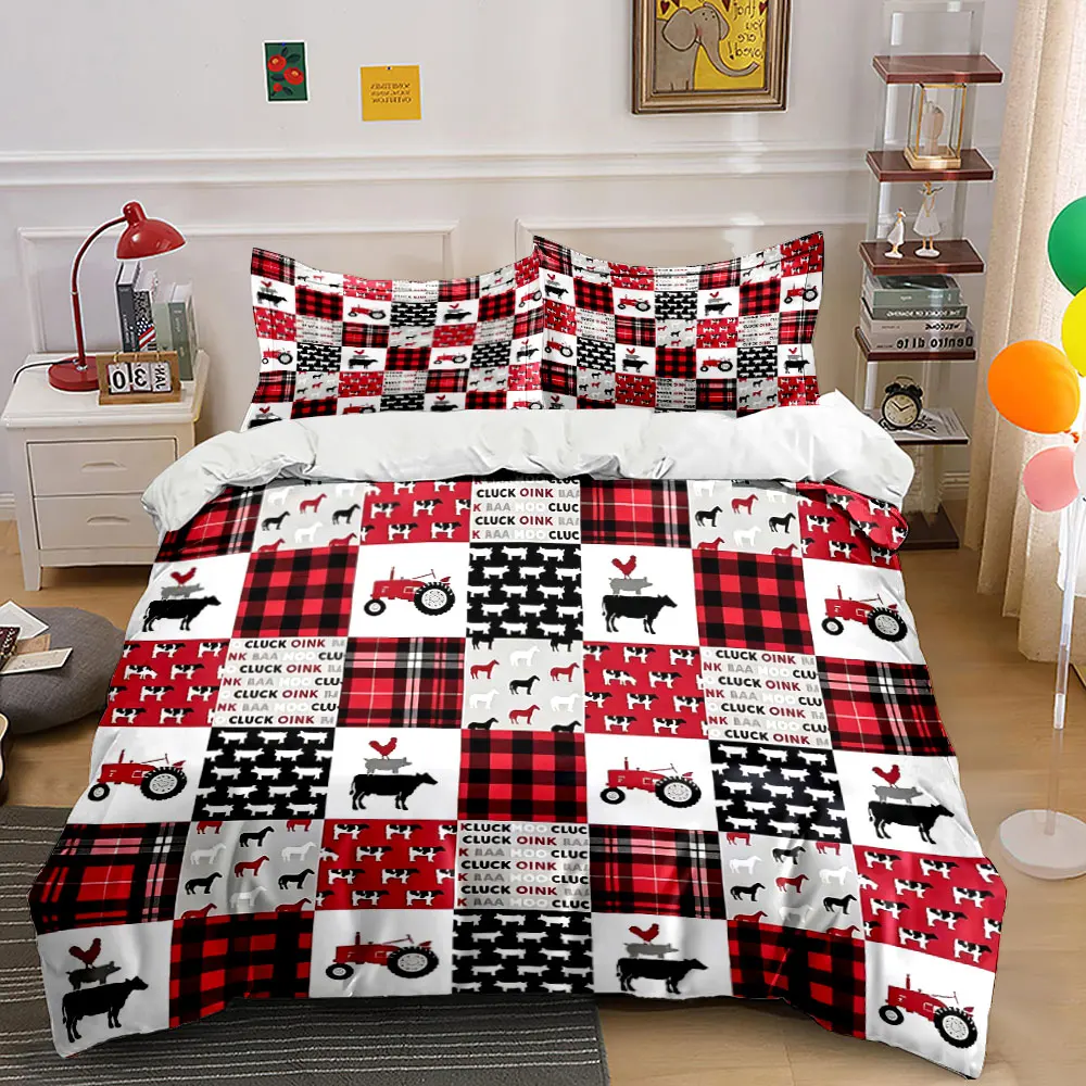 Farm Animal Buffalo Plaid Bedding Set 3pcs,Cow & Tractor Print Duvet Cover,Rustic Country Bed Linen for Kids Bedroom,Home Decor