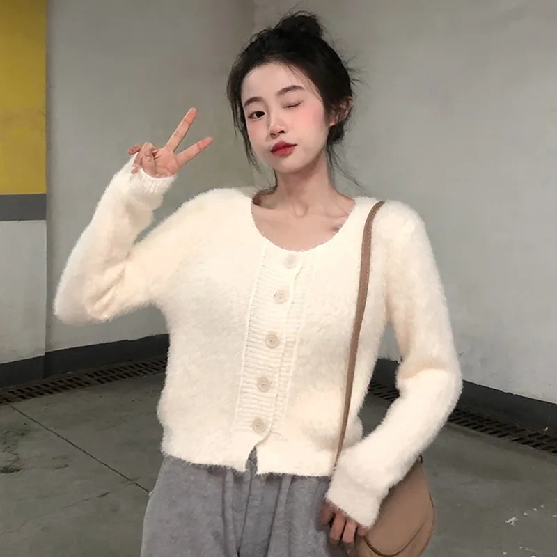 Women's Coat Korean Style Sweater Sense of Design Thermal Top Short Style Solid Color Cargidan