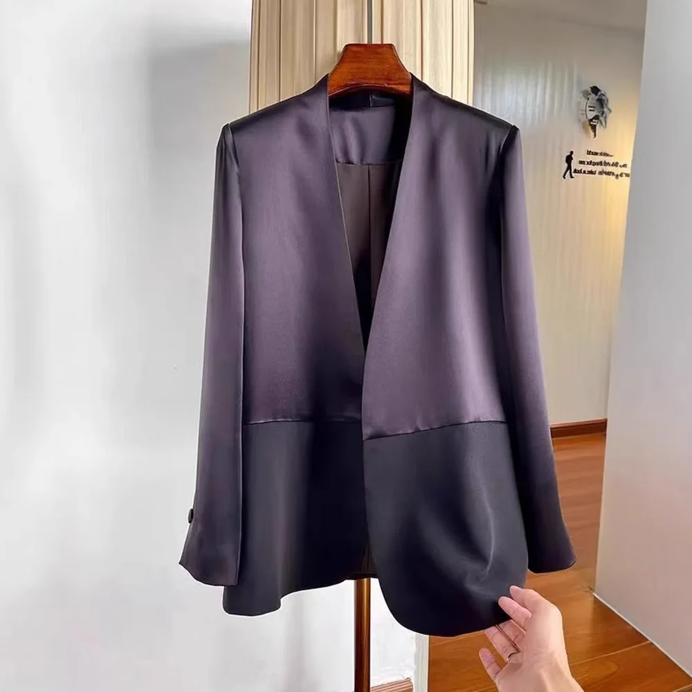 

Tinaa Роскошные атласные блейзеры для женщин 2026 весна осень без пуговиц с длинными рукавами и v-образным вырезом деловая рабочая одежда пальто 197884