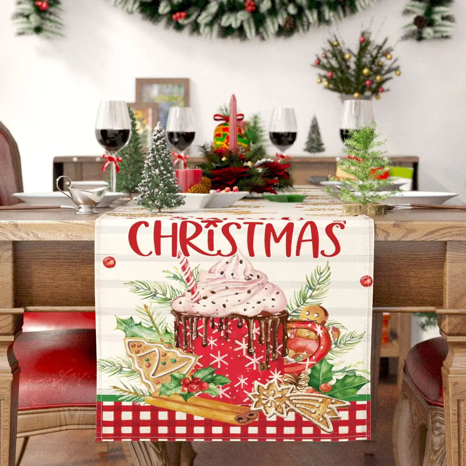 Christmas Gingerbread Ice Cream Linen Table Runner Party Decor Reusable Xmas Holiday Dining Table Runners Christmas Decorations