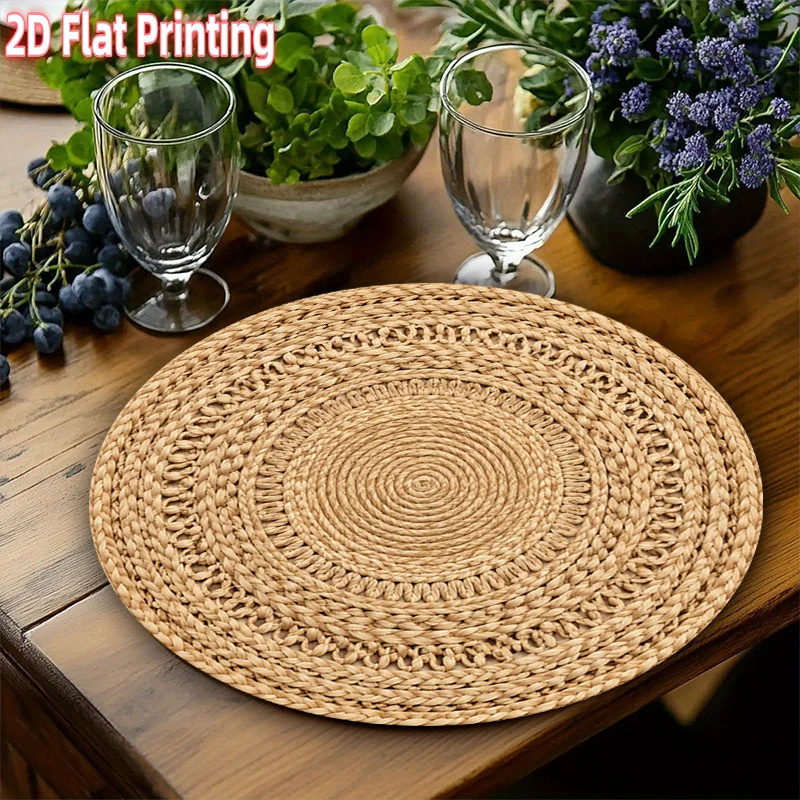 4-Pack Natural Fiber Round Placemats, Suitable for Parties and Gatherings. The table mats feature a woven natural fiber design with machine-washable fabric, ideal for decorative table settings, dining tables and Christmas decorations; 2D flat style