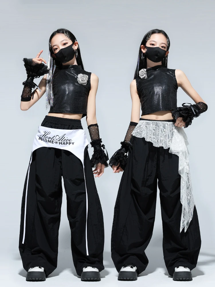

Fashion Girls Jazz Dance Costume Cool Black Tops Pants Kpop Stage Performance Clothign Hip Hop Dancewear Kids Rave Suit BL16251