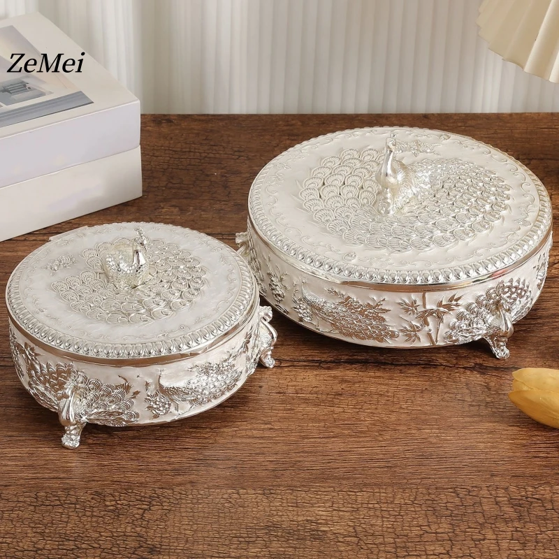 

European-Style Alloy Jewelry Peacock Silver Storage Box,Earring Circle Organizer Jar Candy Container Dressing Table Decoration