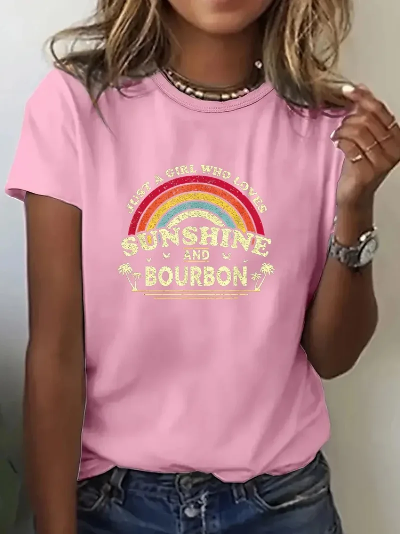 女性の半袖ラウンドネックTシャツ,カジュアルな夏のファッション,太陽とbourbonを愛する女の子だけ