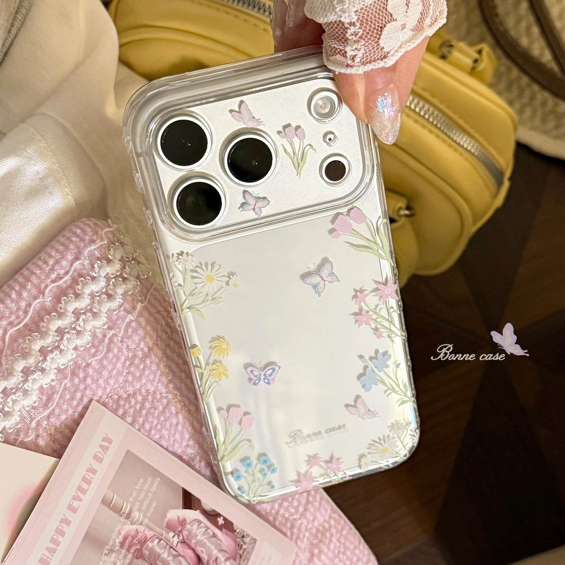 Korean Spring Flowers Butterfly Pattern Phone Case for iPhone 17 16 15 14 13 12 Pro Max Clear Shockproof Protective Soft Cover