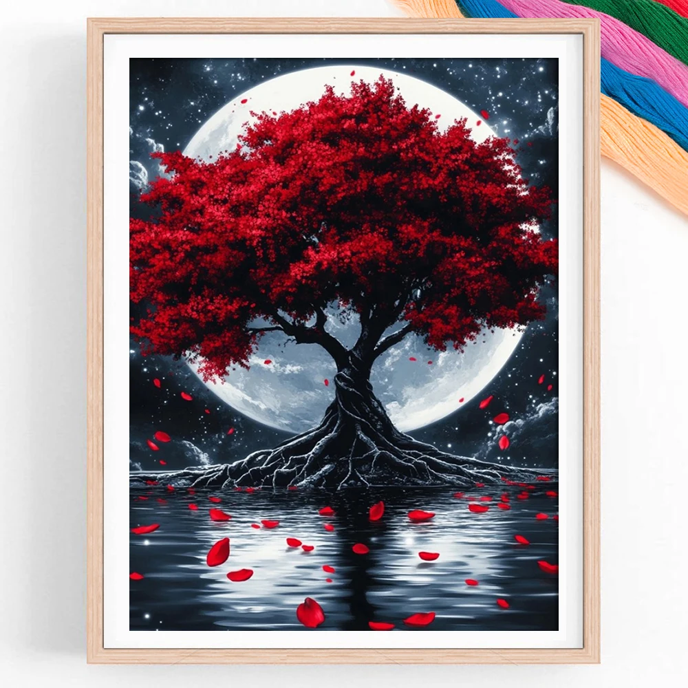 Baum-Kreuzstich-Set, Mond-Nadelarbeit, Stickerei-Sets, DIY, vorgedruckte Muster, Wohnaccessoires