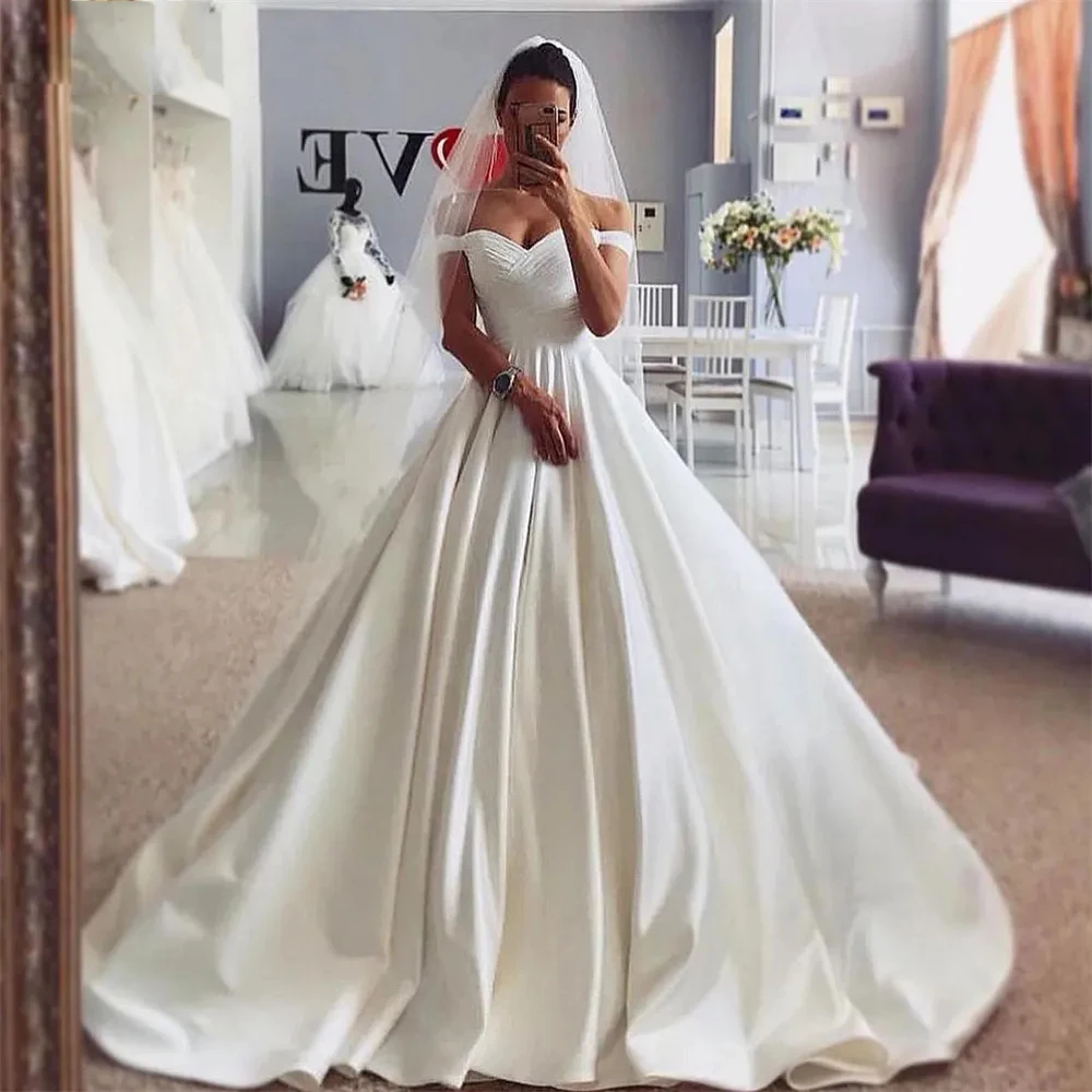 

Gorgeous Satin Wedding Dresses For Women Simple Off Shoulder Sleeveless Pretty A Line Sexy Backless Romantic Mopping Bridal Gown