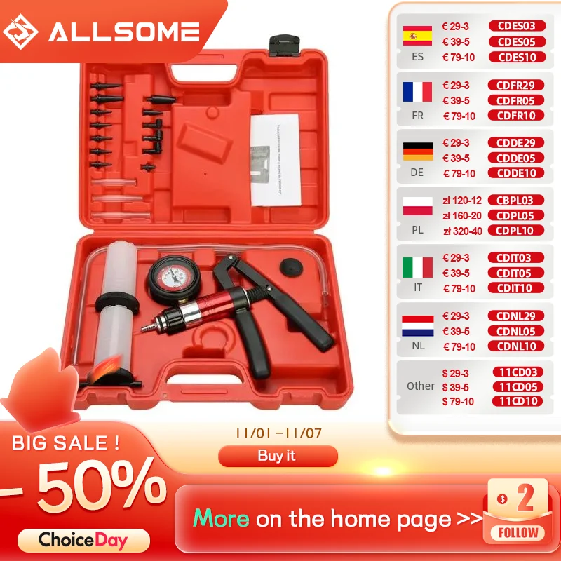 ALLSOME Auto Diagnostic-tool Car Auto Handheld Vacuum Pistol Pump Brake Bleeder Adaptor Fluid Reservoir Oil Tester Tools Kit