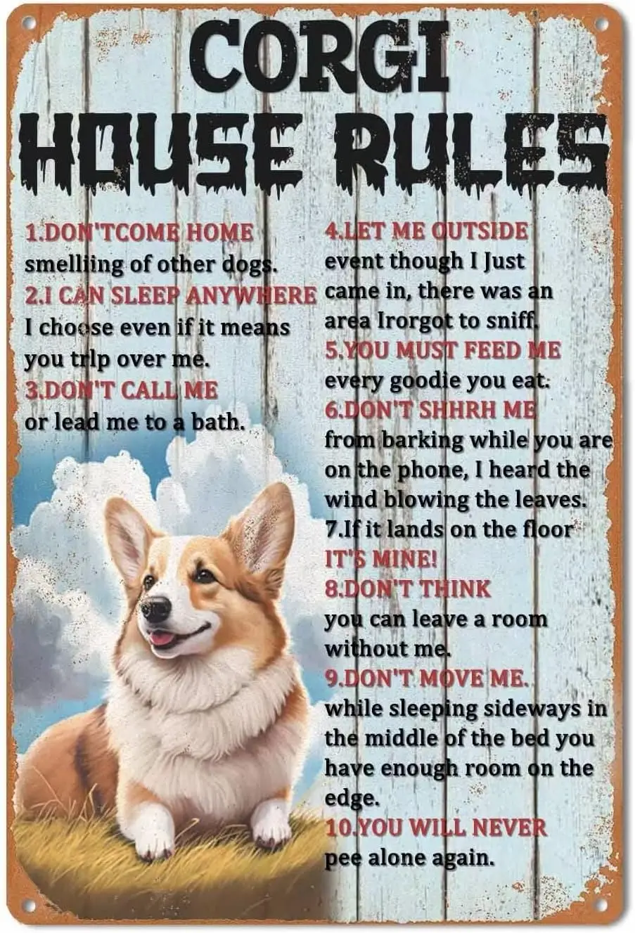 Funny Vintage A CorgiS House Rules Metal Aluminium Tin Sign  Home Kitchen Bath Cafe Garden Wall Decor