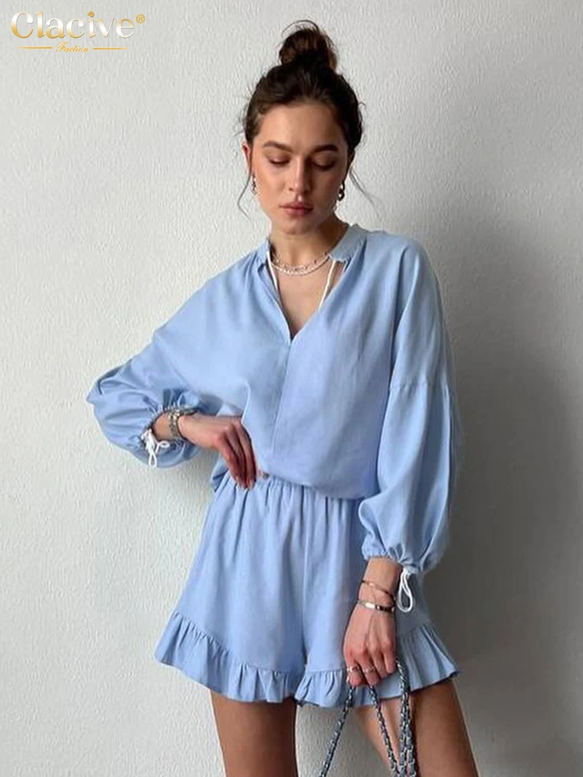 

Clacive Fashion Loose Blue Cotton Women 2 Piece Set Outfit 2024 Elegant Long Sleeve Shirt With High Waist Ruffle Shorts Set