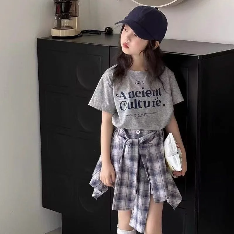 

Girls' Clothing Set 2025 Summer New Style for Girls: Stylish Lightweight T-Shirt and Plaid Skirt Two-Piece Set