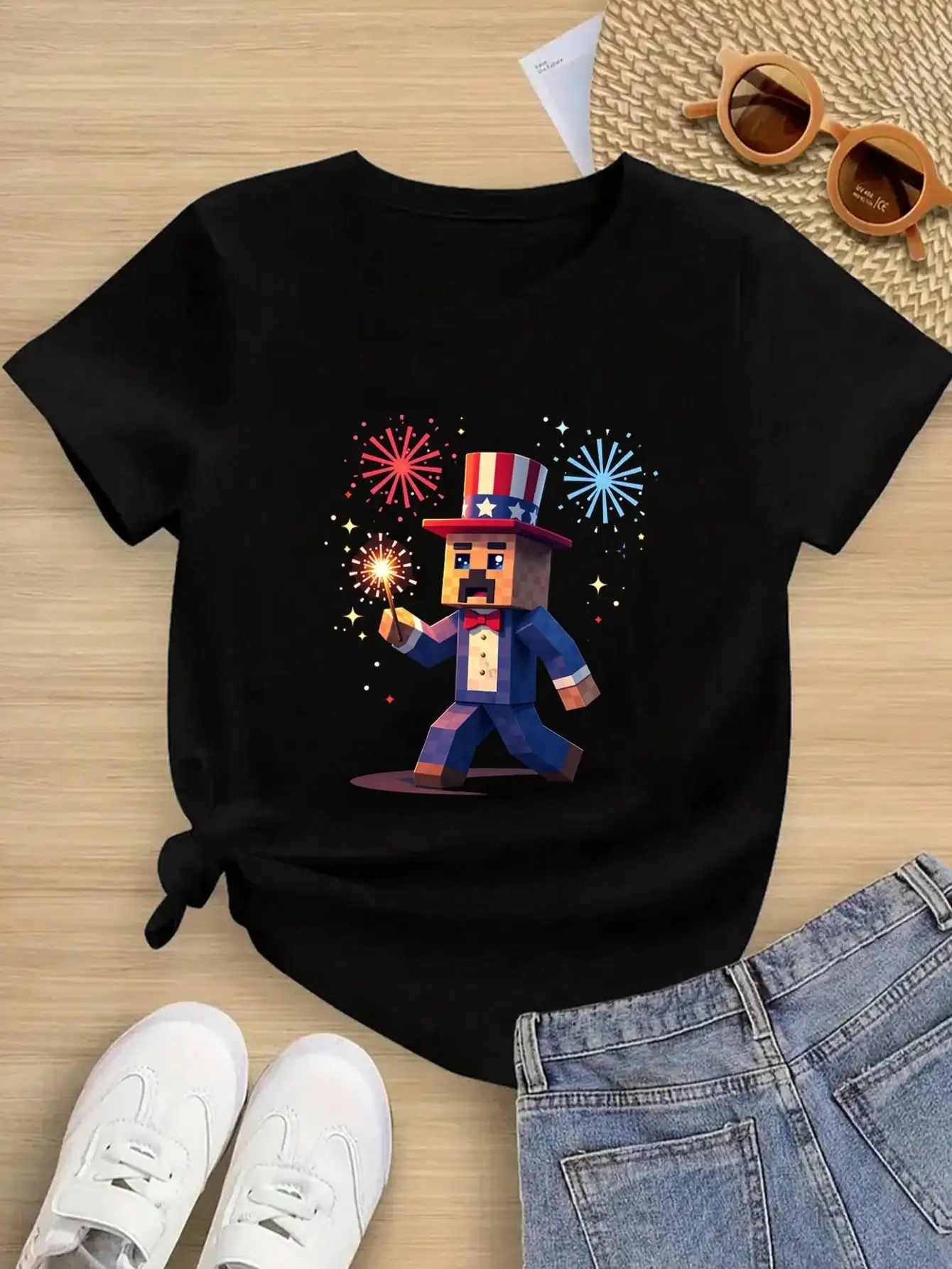

Tween Girls/Boys Clothes, Patriotic Cotton T-Shirt, Black Casual Tee With Uncle Sam And Fireworks Design